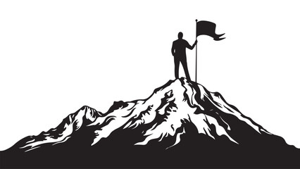 Silhouette of a man standing on top of a mountain holding a flag
