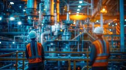 Fototapeta premium Visualize a metallurgy construction project, with workers in safety vests assembling a complex metal structure