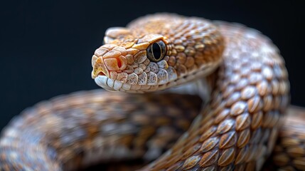 Fototapeta premium Visualize a rattlesnake curled in a subtle S shape, against a black background, tailored for a sleek banner design with text space