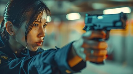 Visualize a police officer behind the scenes at a shooting range, focusing on precision and control with their gun