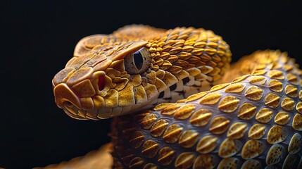 Obraz premium Visualize a rattlesnake curled in a subtle S shape, against a black background, tailored for a sleek banner design with text space