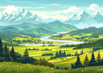 Panorama of spring summer beautiful nature, green grasslands meadow, forest, and river, mountains on horizon background landscape illustration.