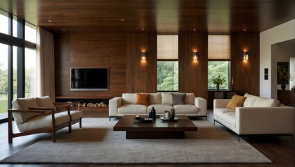 Fototapeta premium Interior stylish modern living room decor with cozy wooden tone, contemporary home with comfortable sofa ai_generated