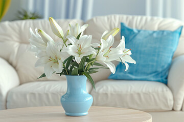 A serene bouquet of white lilies in a pale blue vase on a light oak table, with a sky blue linen pillow on a soft white sofa in the background.