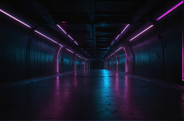 Empty dark triangle tunnel with purple and blue neon, Modern Futuristic Sci Fi Background.
