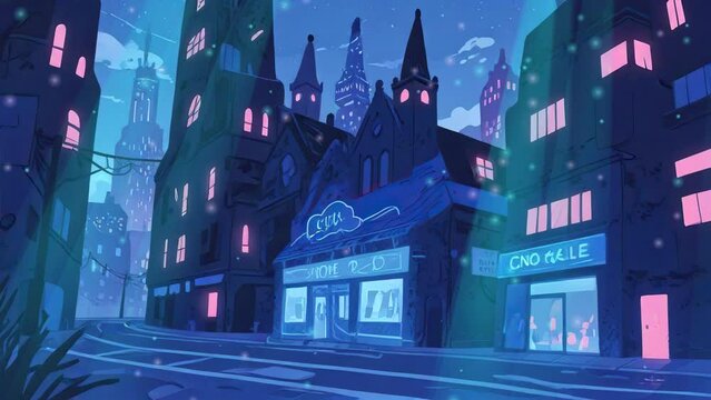 A soothing cartoon-style city landscape unfolds with dominant blue hues, showcasing tall buildings in this mesmerizing looping video, offering a serene and tranquil ambiance.