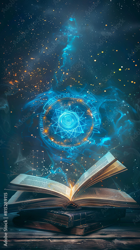 Wall mural mystical book with glowing symbols and stars - an open book with magical symbols floating above it a