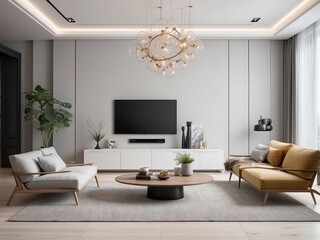 Cozy Living Room with Gray Couch, Coffee Table and Plant