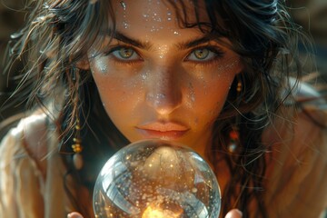 Naklejka premium A fantasy illustration of a gorgeous European witch wearing a witch hat is staring at the light reflected crystal ball with excitement.