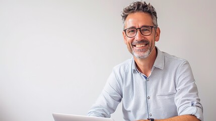 Positive European entrepreneur with an infectious smile, laptop in hand, against a crisp white background - Powered by Adobe