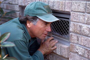 Man in Green Hat Looking Out of Window