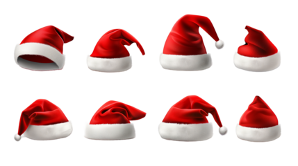 Big set of realistic Santa Hats isolated. Santa on transparent background. New year symbol, winter render caps pithy vector elements. Santa Hats concept.