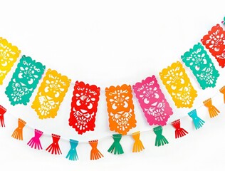 Holiday bright carland of handmade cut paper flags on white background. Festive String Mexican party decoration.  Greeting card for Dia de los Muertos,  Cinco de Mayo, Halloween.