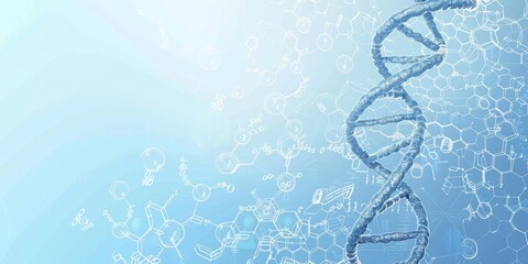 3D render of a DNA double helix and chemical formula on a light blue background, in the style of zap vector illustration for medical science or biology. Vector style.
