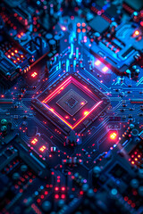 Obraz premium Futuristic circuit board with glowing CPU - Highly detailed image of a powerful glowing CPU at the center of a futuristic blue circuit board