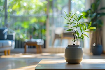 cozy living room potted plant and blurry background