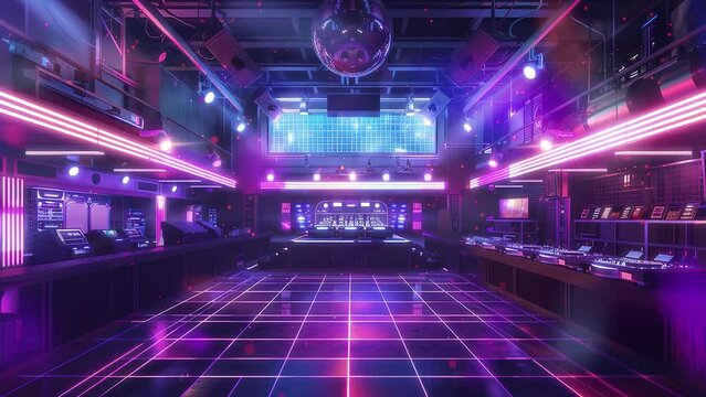An empty retro-style disco club illuminated with vibrant neon lights and a shining disco ball reflecting on a checkered dance floor.