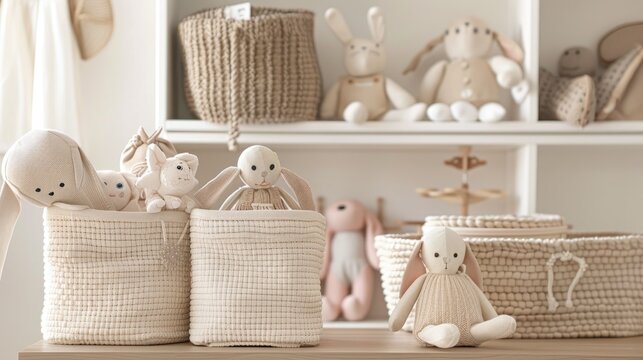 In the children s room you ll find charming toys and rag dolls neatly displayed in trendy cloth baskets on the table These beige storage baskets part of ingenious nursery organizing ideas ad
