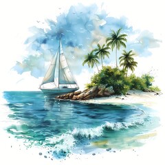 Fototapeta premium Tropical Island with Boat in Style of Watercolor On White Background