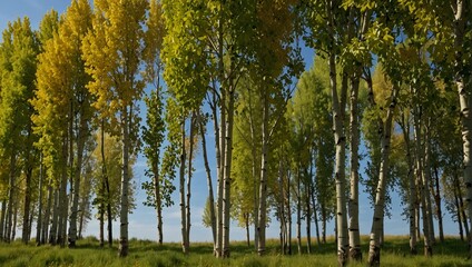 Obraz premium Poplars trees,Deciduous Trees : Poplar trees are fast-growing and often found near water sources. They have heart-shaped leaves and cotton-like seeds.