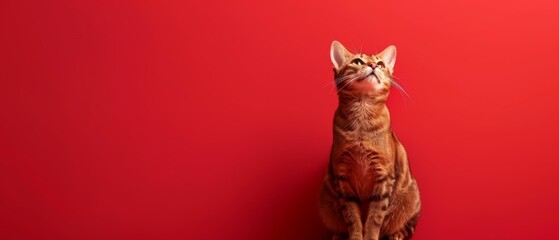 Orange Tabby Cat Closeup Portrait with Whiskers, Sleek Feline Sitting on Red Background, Studio Shot, Copy Space