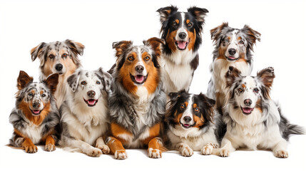 "Gathering of Cheerful Australian Shepherd Pups (Portrait, Sitting, Standing, Lying) on White Background as Transparent PNG. Blank White Backdrop