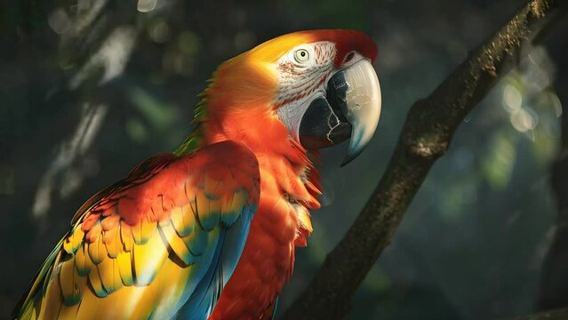 Close-up shoot of a vibrant macaw perched on a tree branch, showcasing the colorful feathers, the sharp beak, and the curious eye