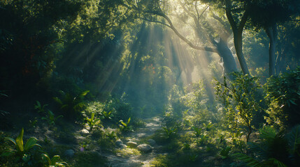 sun rays through the forest - Powered by Adobe