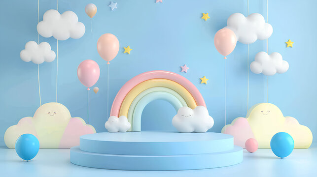 Fototapeta Background podium baby cute product 3d cloud kid children display banner room toy design blue. Podium scene boy background rainbow baby stand studio presentation shower template sale stage poster sky