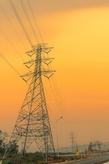 Vertical High voltage pole electric wiring distribution landscape energy engineering. Electricity...