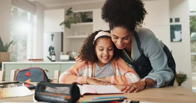 Mom, girl and happy with high five for homework with book to study or read for knowledge, education and learning. Parent, kid and school project with support, care and help for child development