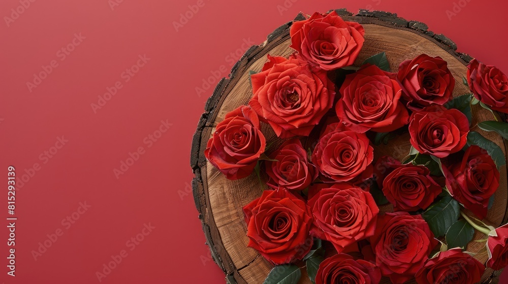 Sticker a wooden podium crafted from a tree trunk is adorned with vibrant red roses against a striking magen