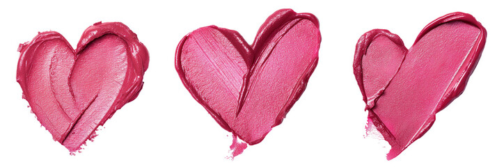 Pink lipstick shimmering texture in heart shape, texture stroke isolated on white background. Cosmetic product smear smudge swatch