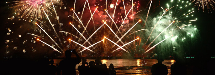 Banner Green firework in night time celebrate national holiday. Green Firework celebrate...