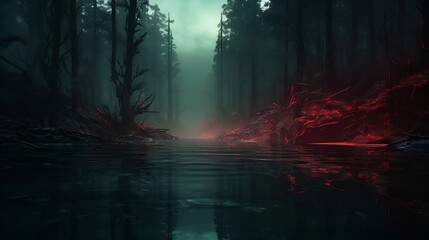 Fototapeta premium misty dark forest at dusk