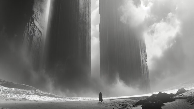 Background with gigantic pillars in fog, AI-generative