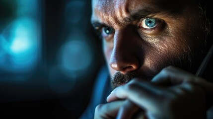 Close up of portrait of skilled business man looking at camera. Stressful project manager staring at camera while wearing formal suit and thinking about investment with blurring background. AIG42.