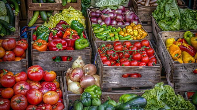 A vibrant display of fresh produce at an outdoor farmers' market, featuring tomatoes in wooden boxes and other vegetables like peppers, lettuce, zucchini, and onions. Vibrant colors, shot with a Canon