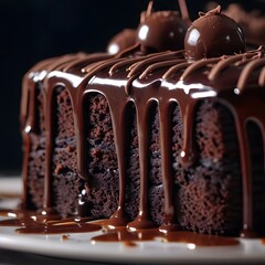 Close-up of chocolate cake with chocolate sauce drizzled on top of it