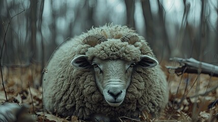 Furry sheep in a tranquil forest setting - A close-up of a sheep's face set against a blurred forest backdrop, highlighting the animal's textured wool