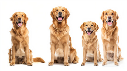 "Set of Three Dogs, Joyful Golden Retrievers (Portrait, Sitting, Standing) Isolated on White Background as Transparent PNG, Empty White Backdrop"