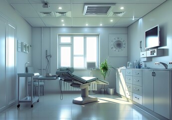 Modern dental clinic interior design - A pristine dental clinic room with chair, equipment, and light tones, creating a sterile atmosphere