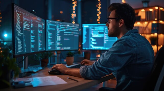 A software developer works on code late into the night, illuminated by the glow of multiple computer screens in a modern office. AIG41
