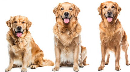 "Set of Three Dogs, Joyful Golden Retrievers (Portrait, Sitting, Standing) Isolated on White Background as Transparent PNG, Empty White Backdrop"