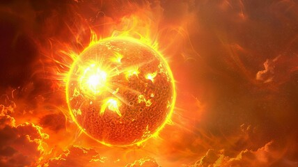 Obraz premium Explosive solar event on a red star - A vibrant illustration depicting a colossal solar explosion on a red star surrounded by a fiery nebula