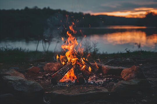 A fire is burning in a pile of wood next to lake