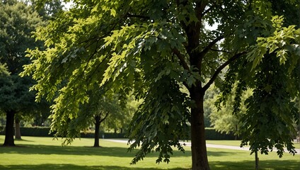 Fototapeta premium Elms: Elms have a broad, vase-shaped canopy and serrated leaves. They are commonly found in temperate regions but have been affected by diseases such as Dutch elm disease,Deciduous Trees 