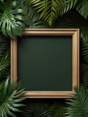 Modern minimalistic composition of blank frame mockup against green tropical leaves on pastel background. Generative AI.