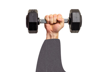 Naklejka premium A mans hand holding a heavy dumbbell gym weight. trendy collage design style