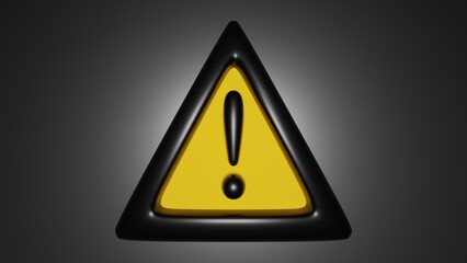 3D rendering of warning sign, yellow triangle with exclamation mark, on gray background.	